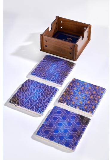 Altın Varaklı Mavi 4'lü Traverten Bardak Altlığı Mavi