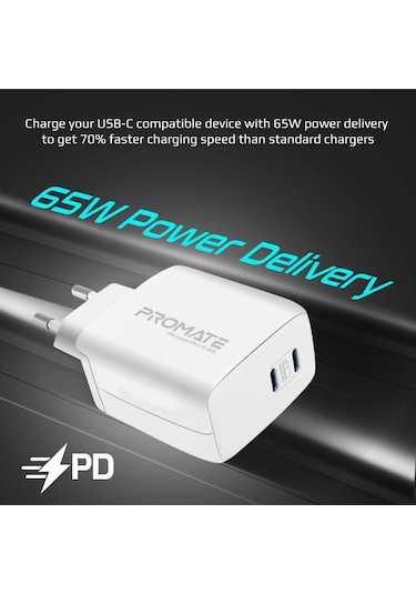 Promate PowerPort-65 GaNFast 65W Type-C PD Şarj Cihazı Beyaz