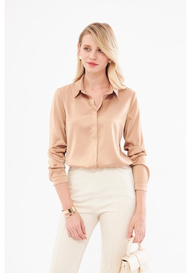 Klasik Saten Gömlek Vizon Vizon