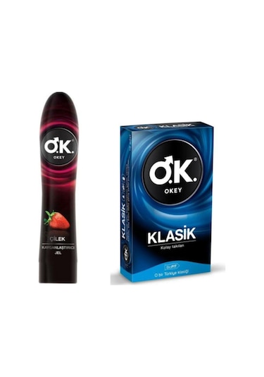 Okey Klasik Prezervatif 10 Adet + Çilek Kayganlastırıcı Jel 100 ML
