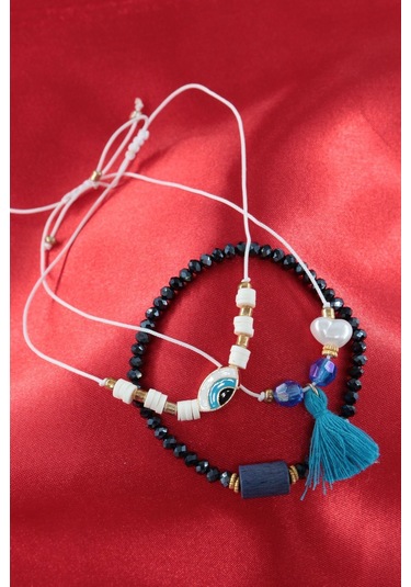 3lü Püsküllü İncili Nazar Boncuklu Asansörlü Bileklik. Lastikli Boncuklu Bileklik. Kadın İp Bileklik Çok Renkli