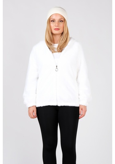 Giyim Dünyası Kadın Kapüşonlu Peluş Mont Beyaz 001