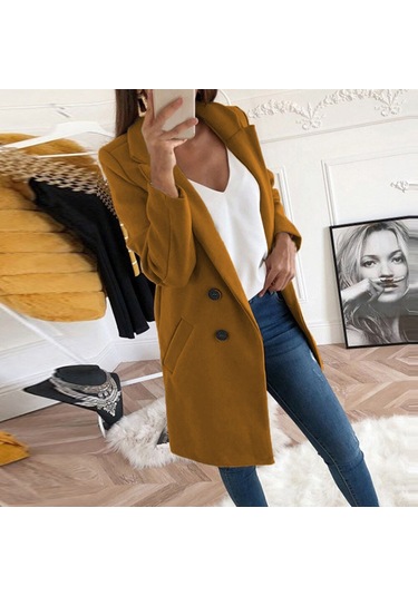 Moda Takım Elbise Yaka Slim Fit Kadın Trençkotu Deve Tüyü