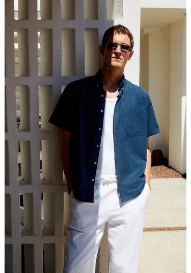 PASSI Erkek Kısa Kollu Tek Cepli Rahat Kesim Relaxed Fit Lacivert Gömlek