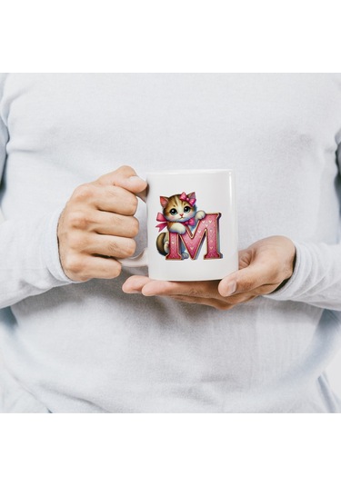 M Harfli Bardak, Sevimli Kedili Pembe Tasarım Bardak, Arkadaşa Aileye Hediye Porselen Beyaz