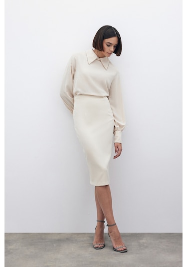 Sateen Düz Kalem Etek - Bej