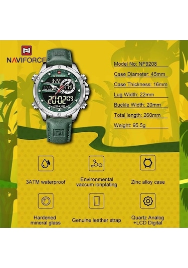 Naviforce Nf9208 Çift Ekran Kuvars Analog Lcd Dijital Erkek Saat Deri Kayış Gümüş - Yeşil Çok Renkli