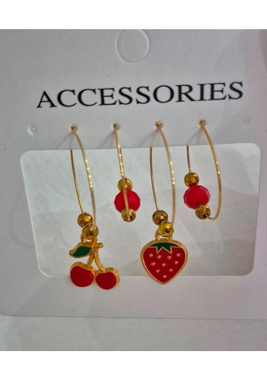 Kiraz Ve Çilekli Dörtlü Halka Küpe Set Kırmız - Altın