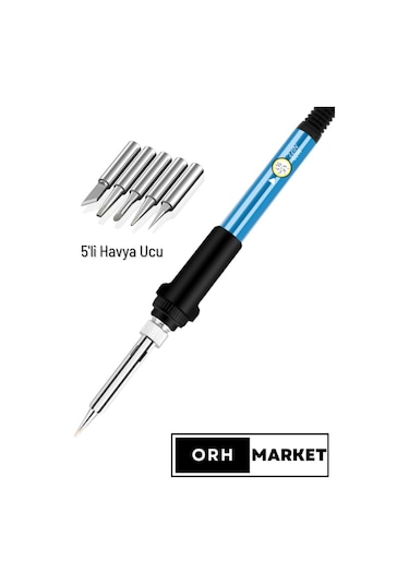 60W Sıcaklık Ayarlı Lehim Havya Seti – 5 Farklı Uçlu, Seramik Rezistörlü Kalem Havya