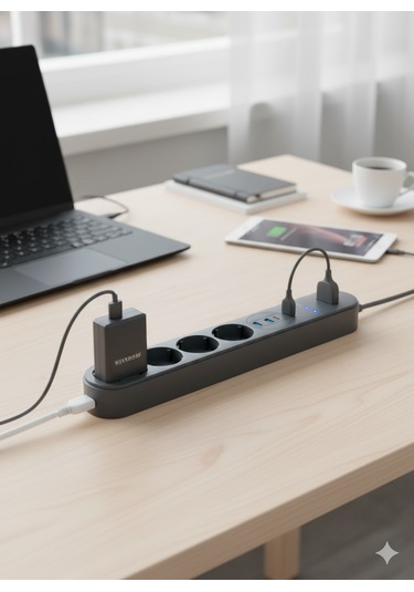 Winnboss 4'lü Priz 3'lü Usb Girişli Çoklu Uzatma Kablosu Şarj İstasyonu Akım Korumalı Anahtarlı 0.2 M