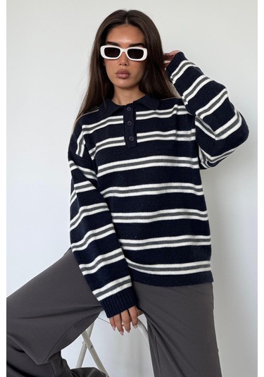 Lacivert Polo Yaka Çizgili Kadın Triko Kazak Mg2469 Lacivert