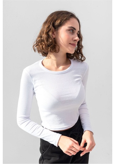 Gri Uzun Kollu Fitilli Bluz Crop Örme T-shirt Beyaz