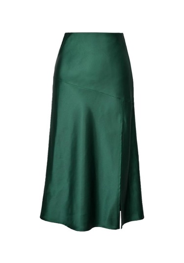 Yüksek Bel Saten Düz Renk Ayrık Uzun Büstiyer Etek Koyu Yeşil