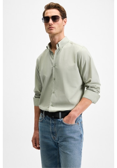 RISTO Erkek Düğmeli Yıkama Sonrası Ütü İhtiyacını En Aza İndiren Kumaş Gömlek Yaka Manşetli Yeşil Gö