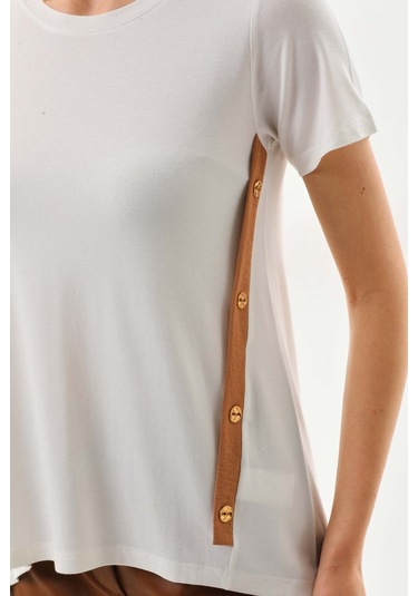 Sistas Kadın Düğme Ve Şerit Detaylı Kısa Kol Bluz 23119 Ekru-camel Ekru - Camel