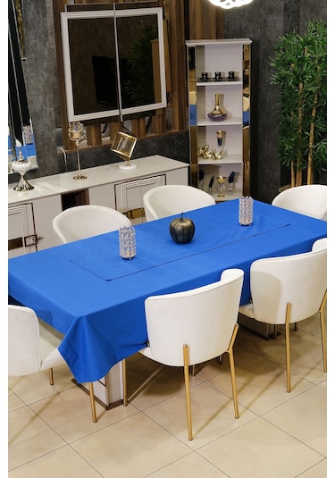 Dream 8 Parça Masa Örtüsü Seti Çeyiz Seti Salon Masa Örtüsü, Runner, 6'lı Peçete Mavi