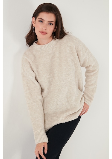 Lela Regular Fit Dik Yaka Yumuşak Dokulu Triko Bayan Kazak 4616222 Taş