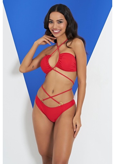 Ruko Maio 2315-1 Kırmızı Çapraz İp Modelli Boyundan Bağlamalı Bikini 001