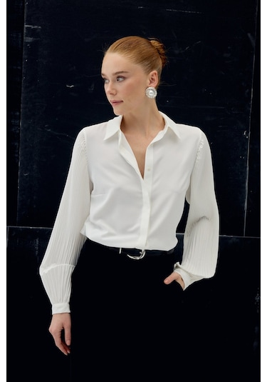Sateen Plise Kollu Gömlek - Ekru-137087 ekru