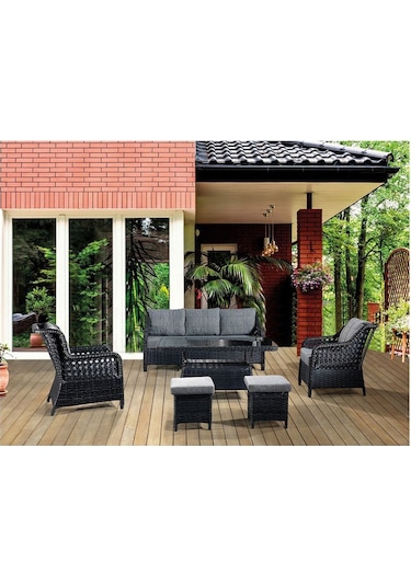 Mobilyabazari Rattan Bahçe Mobilyası Salon, Balkon, Cafe Ofis 3 1 1 Masa 2 Puf Siyah