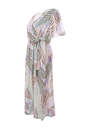 Canel V Yaka Midi Şifon Elbise - Bohemian Tarzı Yaprak Desen Çok Renkli