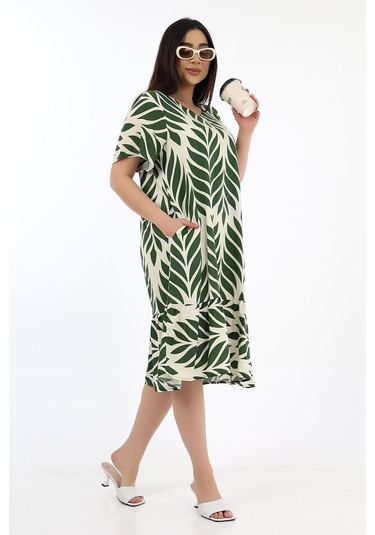 Kadın Viskon Yarım Kol V Yaka Fırfırlı Elbise Haki Haki