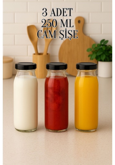 3 Adet 250 Ml Beslenme Şeffaf Meyve Suyu, Meşrubat, Limonata Şişesi Metal Kapaklı 250 Cc Şişe Siyah