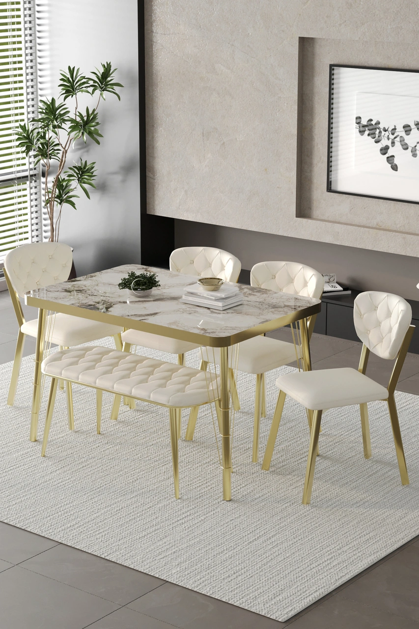 Mutfak Masası Takımı Elma Serisi Benchli Gold Krem