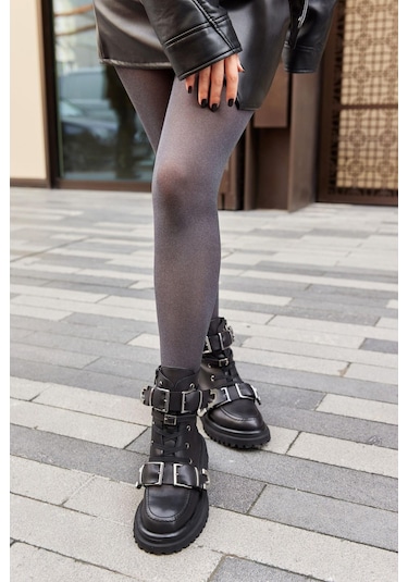 Baressa Siyah Hakiki Deri Metal Aksesuarlı Kadın Bot-siyah Siyah
