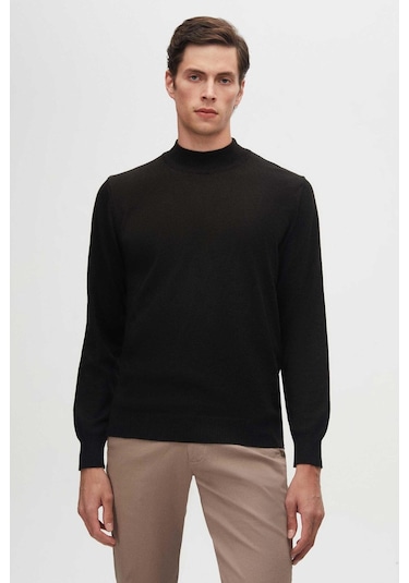 D'S Damat Regular Fit Pamuk Karışımlı Yarım Balıkçı Erkek Triko Kazak - Siyah