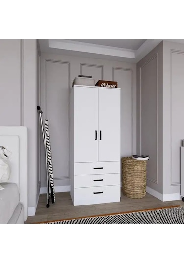 Easy Mat Beyaz 2 Kapılı 3 Çekmeceli Gardırop Beyaz