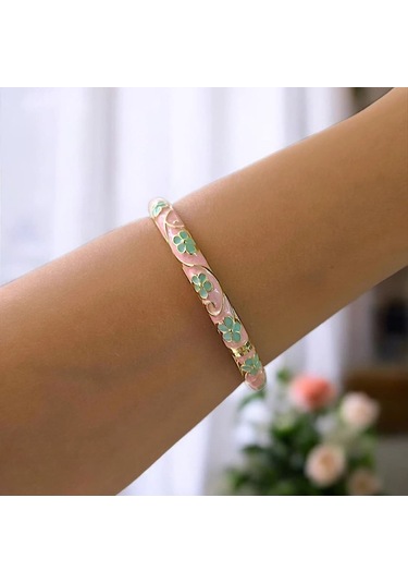 Yeşil Çiçek Pembe Mineli Çelik Bilezik Gold