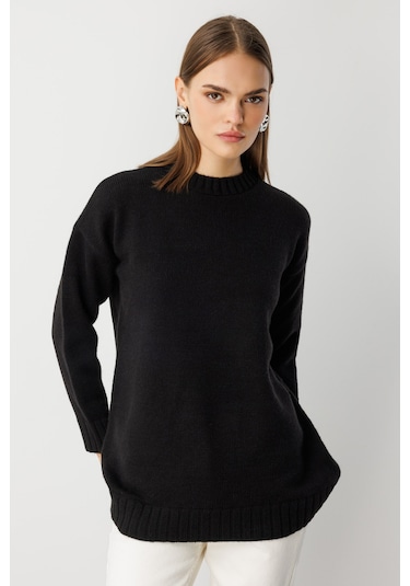 Mizalle Yuvarlak Yaka Oversize Siyah Triko Kazak Siyah