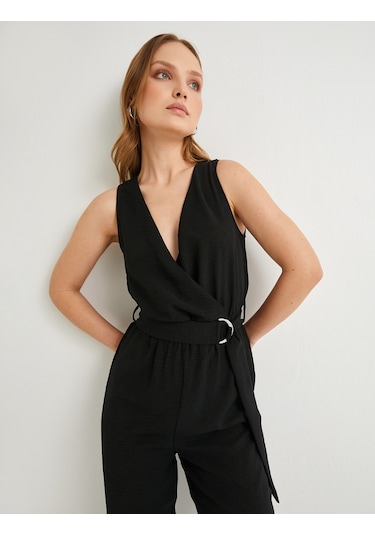 Koton Kruvaze Tulum Kemer Detaylı V Yaka Askılı Cepli Siyah 4sak40017pw Siyah
