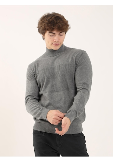 Dufy Gri Melanj Erkek Regular Fit Dik Yaka Triko - 90649 Gri Melanj