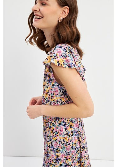 Stella Pulvis Çok Renkli Volanlı Kuplu V Yaka Midi Elbise Çok Renkli