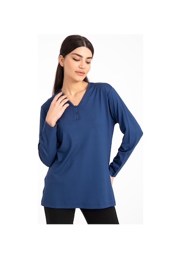 Kadın Orta Yaş ve Üzeri Dört Mevsim V Yaka Rahat Kalıp Likralı Viskoz Anne Penye Bluz 140-İndigo Indigo
