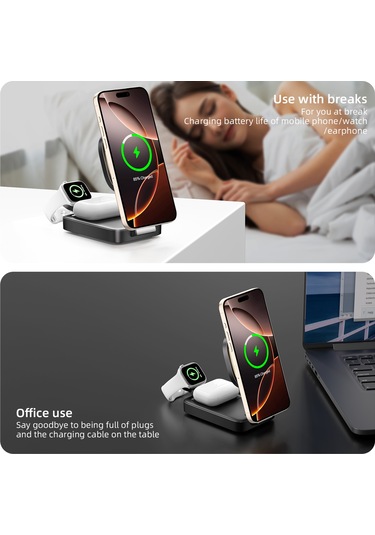 C40 3'ü 1 Arada Katlanabilir Şarj Standı Telefon İzle Kulaklık 15w Manyetik Kablosuz Şarj Cihazı Led Sıcak Işık Siyah