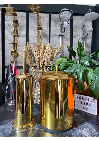İsaoğlu Yapı Parlak Gold Zen Design Vintage Banyo Çöp Kova Ve Fırça Seti Gold Altın