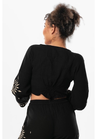 Uzun Kol Günışığı Büzgü Detaylı Yazlık Müslin Bluz Siyah Syh-siyah Siyah