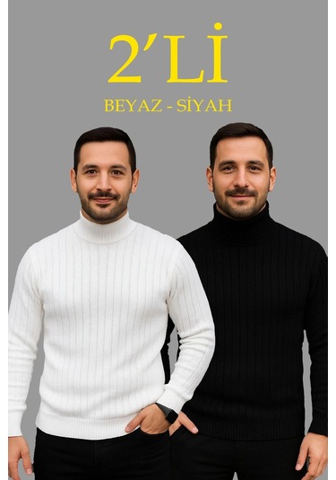 Erkek Fitilli Triko Kazak 2'li Set Beyaz Siyah Regular Balıkcı Yaka Tam Boğazlı Triko Seti Modeli Ka Beyaz Siyah