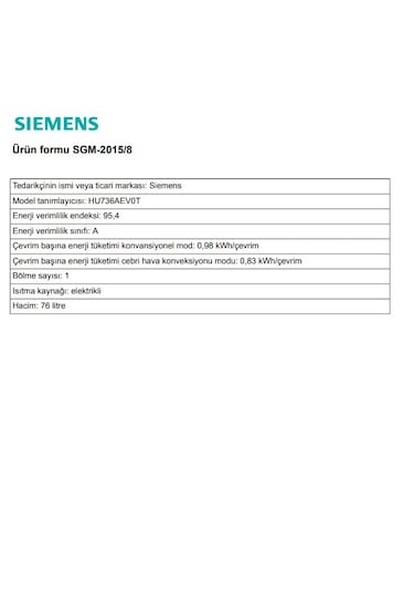 Siemens HU736AEV0T 76 LT Buhar Destekli Ankastre Fırın