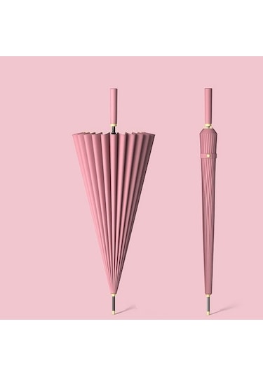 24 Kemikli Uzun Saplı Düz Şemsiye Çift Otomatik Büyük Boy Şiddetli Yağmur Erkek Özel Iş Açık Pembe 010850 Beyaz - Beyaz Pembe