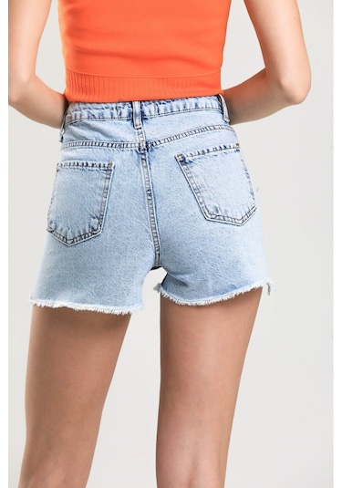Pass&Pass 2050 Kadın Püsküllü Paça Jeans Denim Kot Şort Buz Mavi