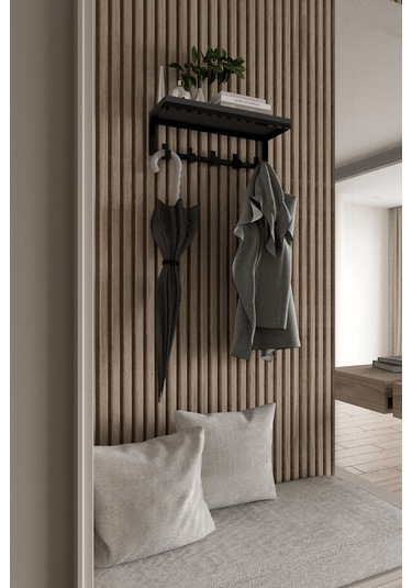 Aju Modern Portmanto Duvar Tipi Askılık Ve Raf Ceket Şemsiye Çanta Havlu Elbise Posta Koridor Askısı Siyah