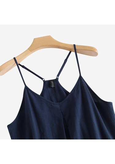 Lacivert Zanzea Bayan Yaz Kolsuz V Yaka Pamuk Basic İnce Mini Kayma Elbise