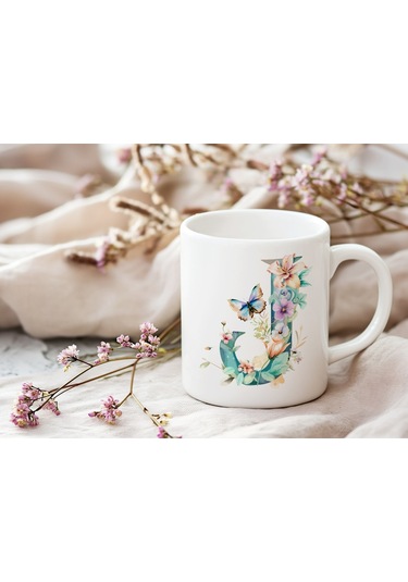 J Harfi Çiçekli Kupa Bardak - Soft Renk Çiçek Ve Kelebek Desenli Zarif Kahve Kupası - Bohem Beyaz