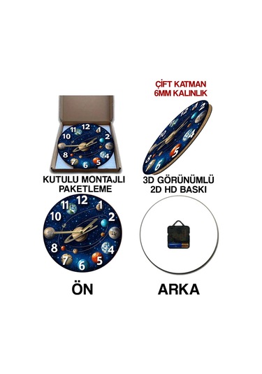 Gezegen Temalı Mdf Duvar Saati 33 Cm, 3d Görünümlü, 2d Hd Baskı, Sessiz Mekanizma Sdw234 Renkli