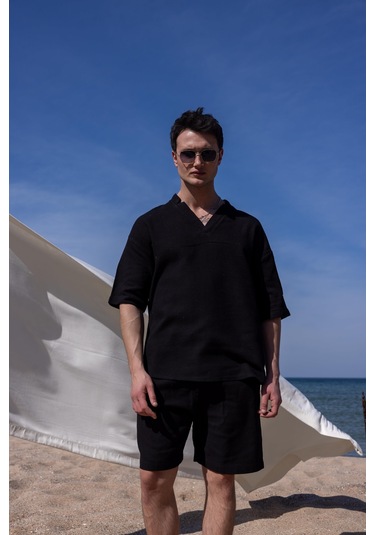 Siyah Renk V Yaka Gömlek Şort Erkek Yıkamalı Keten Takım-1741 Siyah