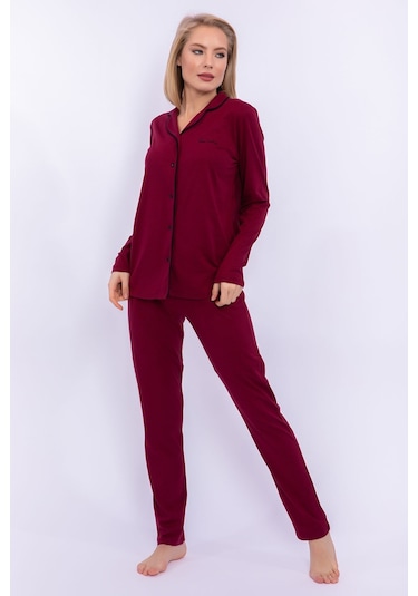Pierre Cardin 7717 Gömlek Model Kadın Pijama Takım Bordo